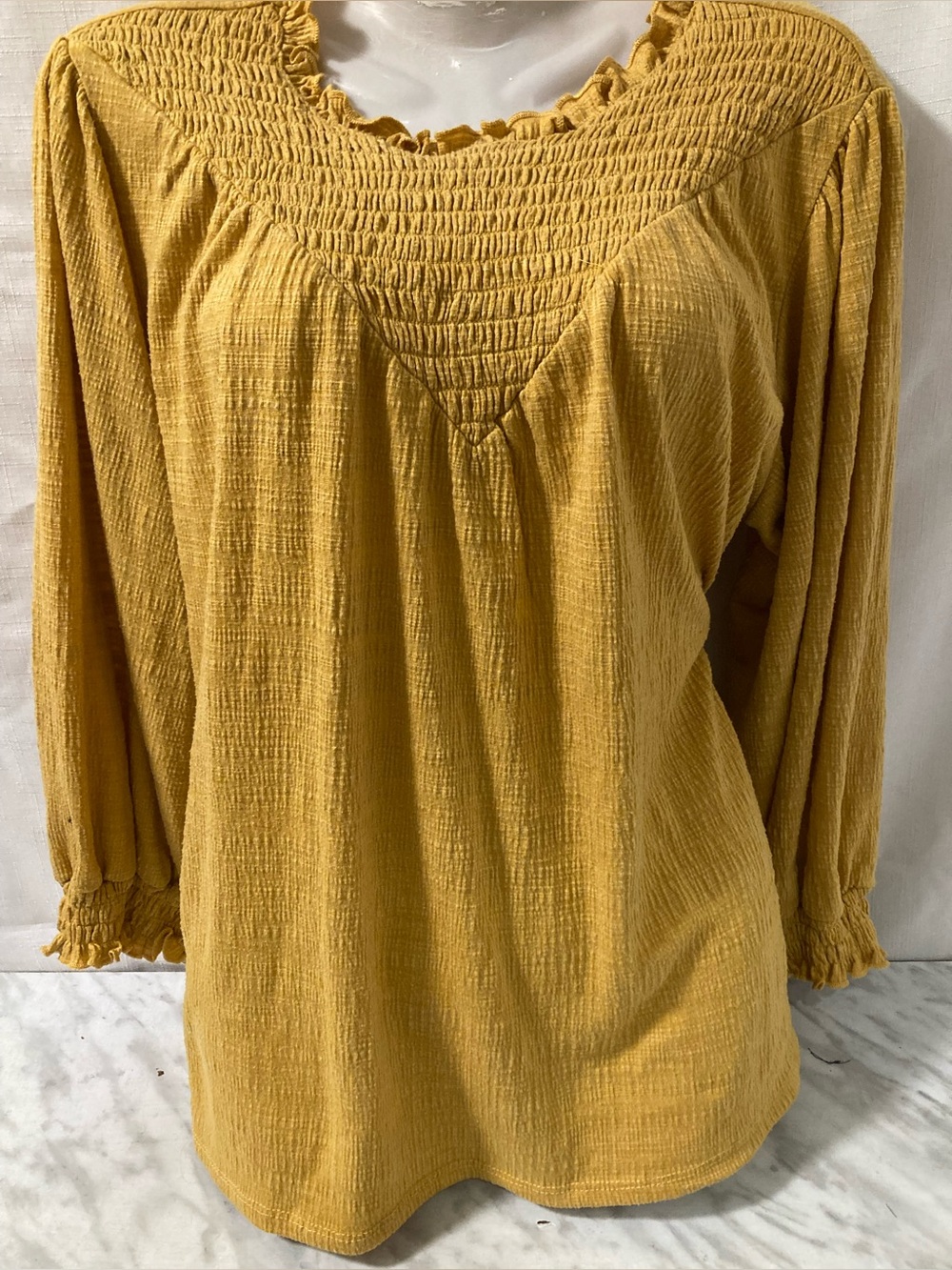 Cable & Gauge Mustard Yellow Smocked Ruffle Long Sleeve Blouse XL